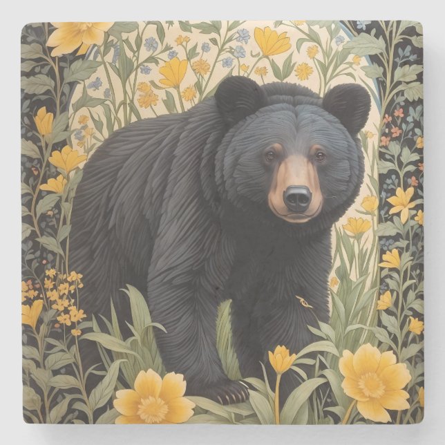 Porta-copo De Pedra Urso Preto E Flores Amarelas (Frente)