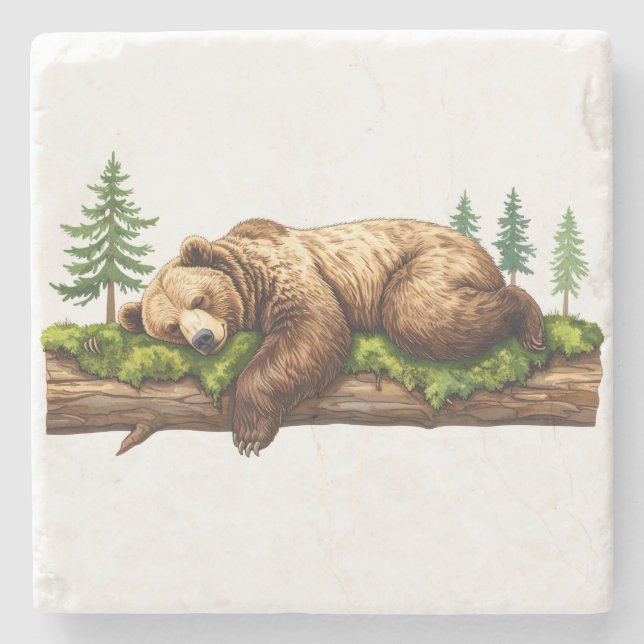 Porta-copo De Pedra Urso Rústico Dormindo Aquarela (Frente)