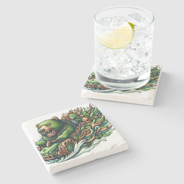 Porta-copo De Pedra Ursos Animados Dirigindo um Carro Verde (Lateral)