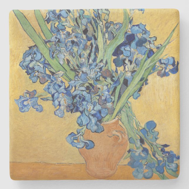 Porta-copo De Pedra Van Gogh Irrises Vase Blue Flowers Buquê Pintura (Frente)