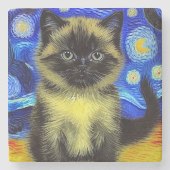 Porta-copo De Pedra Van Gogh Starry Night Siamese Cat (Frente)