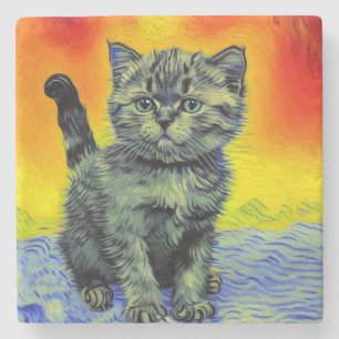 Porta-copo De Pedra Van Gogh Style Cat Sunset Beach