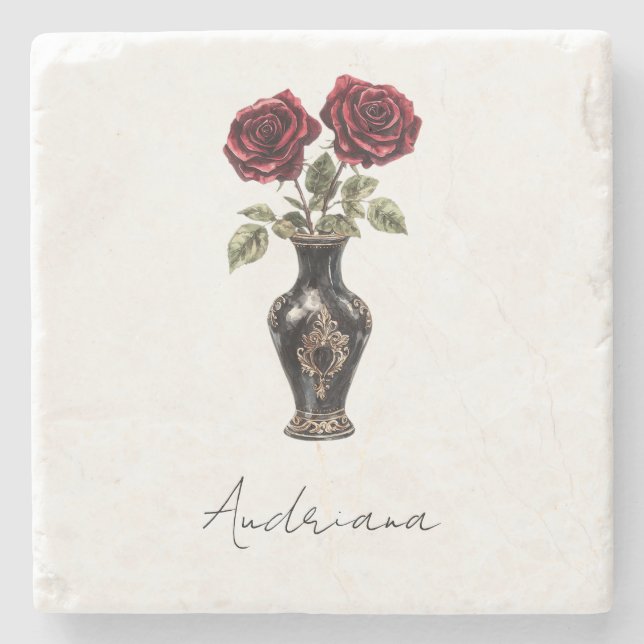 Porta-copo De Pedra Vase Floral Vermelho Negro (Frente)