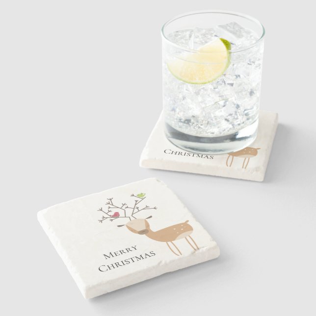 Porta-copo De Pedra Veado de Natal Branco com Aves (Lateral)
