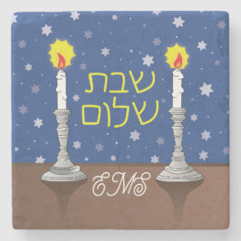 Porta-copo De Pedra Velas Shalom Shabbat com Estrelas
