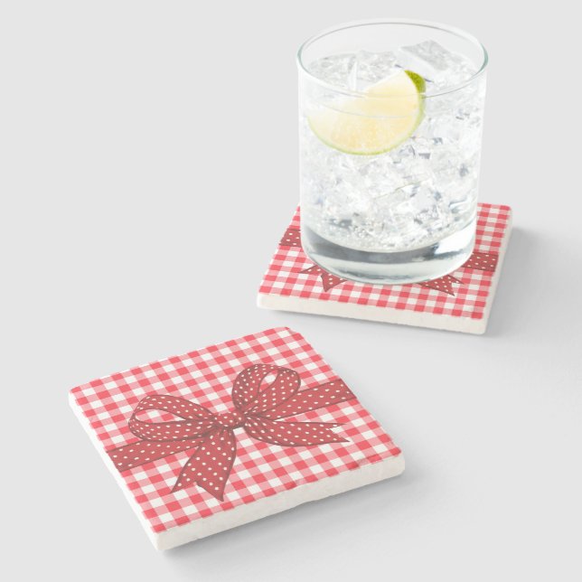 Porta-copo De Pedra Verificações de vermelho e branco (Lateral)