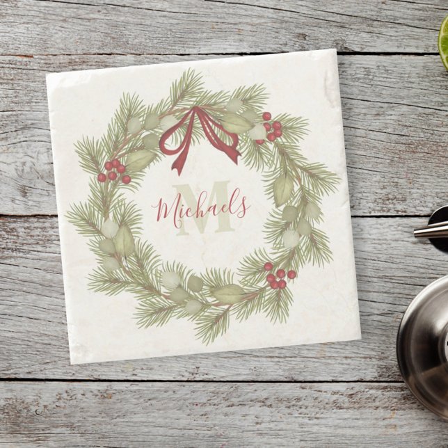 Porta-copo De Pedra Verruga Botânica de Natal Red Holly Monograma (Criador carregado)