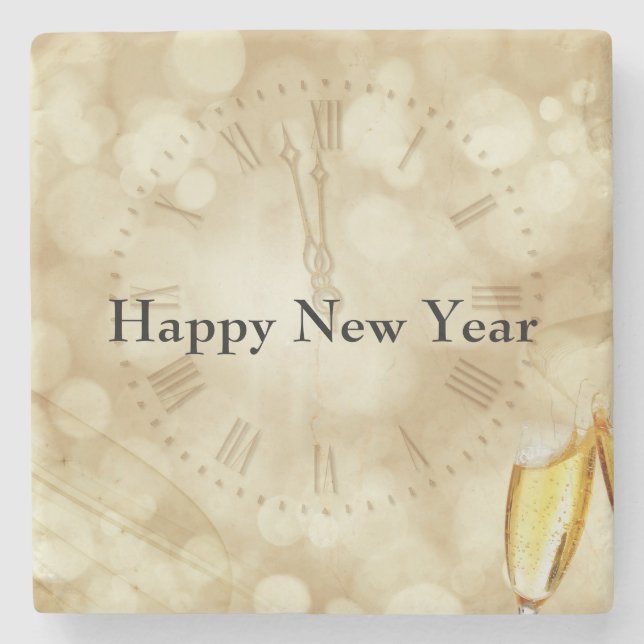 Porta-copo De Pedra Véspera de Ano Novo com óculos de champanhe (Frente)