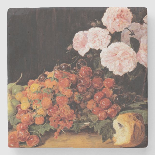 Porta-copo De Pedra Vida Contínua com Rosas, Morangos e Pão (Frente)