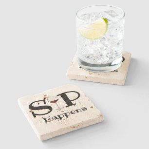 Porta-copo De Pedra Vidro tinto, "Sip Happens" engraçado