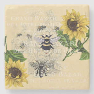 Porta-copo De Pedra Vintage Bee Sunflower Cream Nature Stone Porta cop