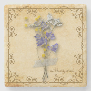 Porta-copo De Pedra Vintage Belo Beige Flowers Secos com Nome