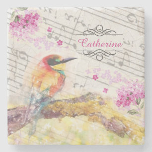Porta-copo De Pedra Vintage bird on tree rosa flower decoupage