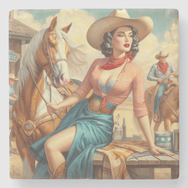 Porta-copo De Pedra Vintage Cowgirl (Frente)