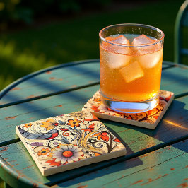 Porta-copo De Pedra Vintage Creme e Floral Laranja Bird Cottagecore