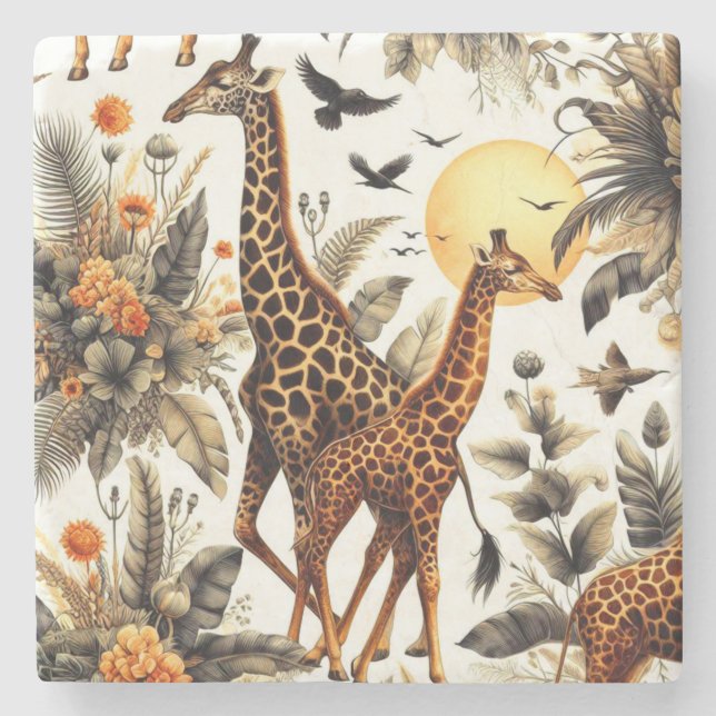 Porta-copo De Pedra Vintage Giraffe Floral Watercolor (Frente)