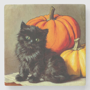 Porta-copo De Pedra Vintage Halloween Black Cat e Pumpkins