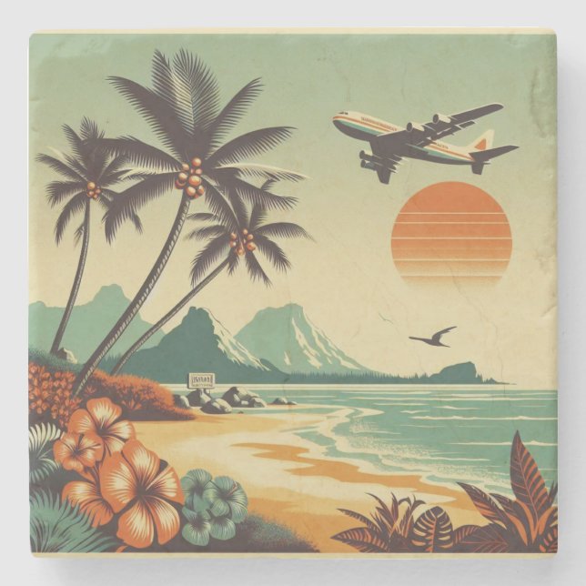 Porta-copo De Pedra Vintage Hawaii/Tropical (Frente)