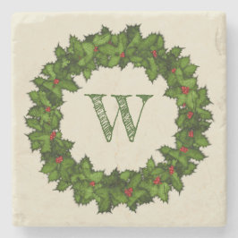 Porta-copo De Pedra Vintage Holly Berries Wreath Green Monograma