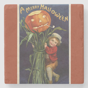 Porta-copo De Pedra Vintage Jack-o-Lanterna Cornstalk e Boy Halloween