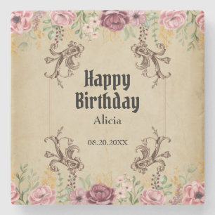 Porta-copo De Pedra Vintage Maroon Dourado Flor Parergia Aniversário