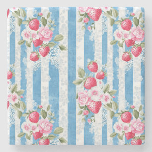 Porta-copo De Pedra Vintage Morangos e Blooms em Bandas Azuis