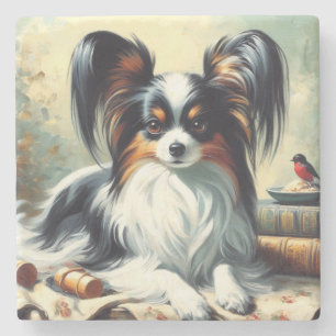 Porta-copo De Pedra Vintage Papillon Dog Painting