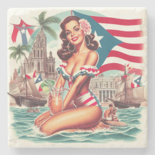 Porta-copo De Pedra Vintage Porto Rico Pin-Up