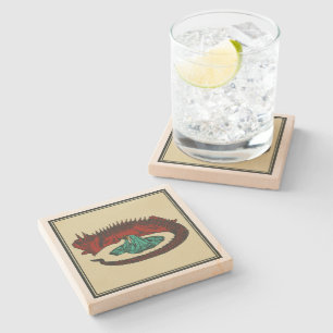 Porta-copo De Pedra Vintage Red Green Dragon Lady Art Nouveau Graphic 