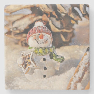 Porta-copo De Pedra Vintage Snowman no Desenho de Neve