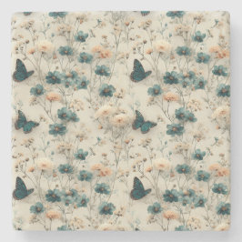 Porta-copo De Pedra Vintage Spring Flowers and Butterflies