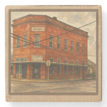 Vintage Texas Red Brick Bank Watercolor Art