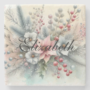 Porta-copo De Pedra Vintage Watercolor Christmas Floral and Ornaments