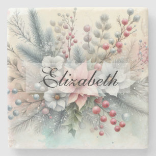 Porta-copo De Pedra Vintage Watercolor Christmas Floral and Ornaments