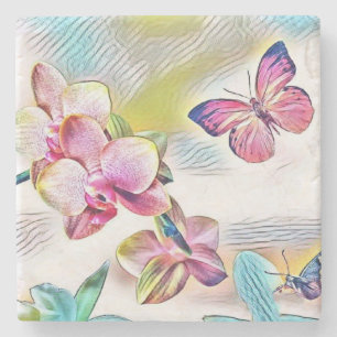 Porta-copo De Pedra Vintage Watercolor de Flores Vermelhas Rosa