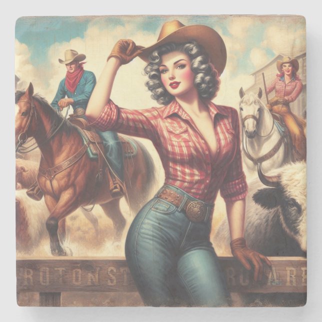 Porta-copo De Pedra Vintage Western Cowgirl (Frente)