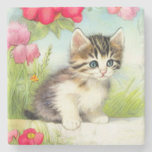Porta-copo De Pedra Vintage White e Brown Kitten com Flores