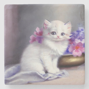Porta-copo De Pedra Vintage White Kitten com Flores Rosa e Púrpura