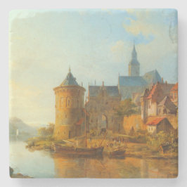 Porta-copo De Pedra Vista de uma cidade neerlandesa ao longo do rio Re