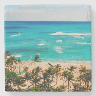 Porta-copo De Pedra Vista Elevada da Cena da Praia de Waikiki, Honolul