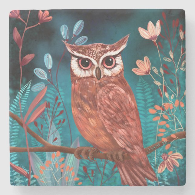 Porta-copo De Pedra Vom Künstler handillustrierte Eule – Boho Natur (Frente)