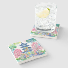 Porta-copo De Pedra Watercolor Chinoiserie Pagoda Cheetah Ginger Jar