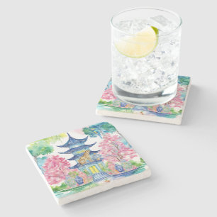 Porta-copo De Pedra Watercolor Chinoiserie Pagoda Cheetah Ginger Jar