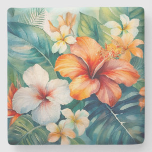 Porta-copo De Pedra Watercolor Havaiano Garden Tropical Hibiscus