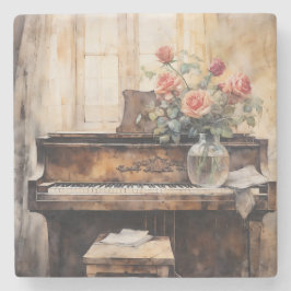 Porta-copo De Pedra Watercolor Piano & Roses Vintage Stone Coaster