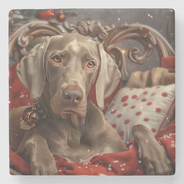 Porta-copo De Pedra Weimaraner Cão Festivo de Natal (Frente)