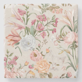 Porta-copo De Pedra White Cats Pink Roses Floral 