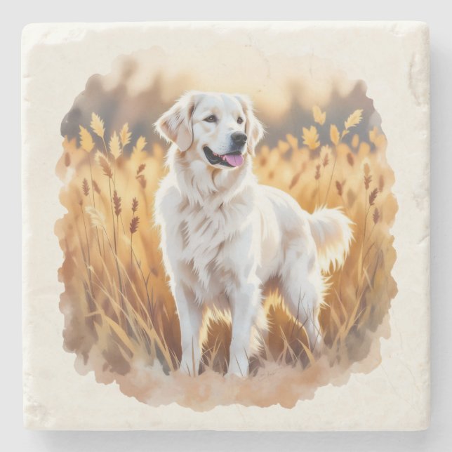 Porta-copo De Pedra White Golden Retriever Dog (Frente)