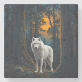 Porta-copo De Pedra Wild White Wolf Under Moonlight Forest Animal