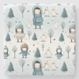 Porta-copo De Pedra Winter Kids Playing